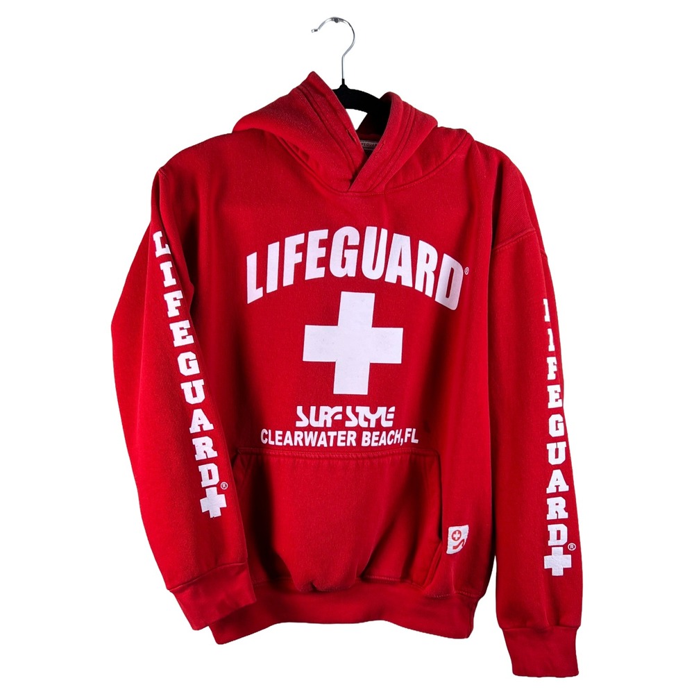 Surf Style Lifeguard Hoodie Clearwater Beach FL Red Small Y2K Streetwear